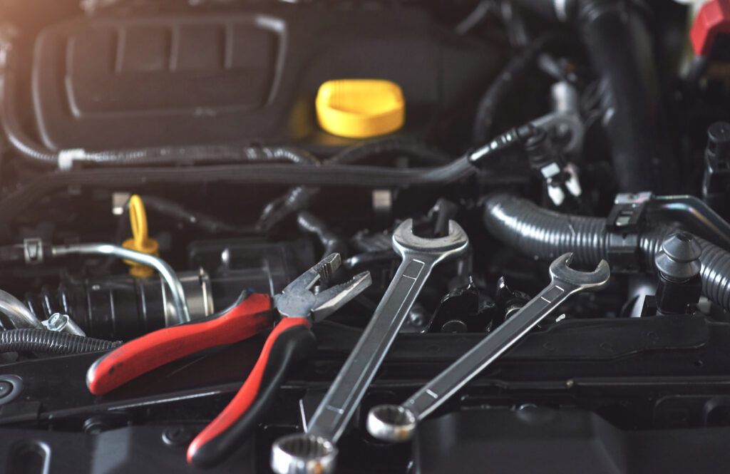 Mechanic Hand Checking Fixing Broken Car Car Service Garage